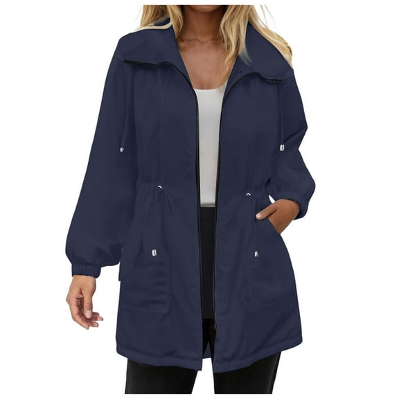 larppty Raincoats Women Rain Jacket Waterproof Lightweight With Hood Windbreaker Jacket Trench Coat (Navy, XXL)