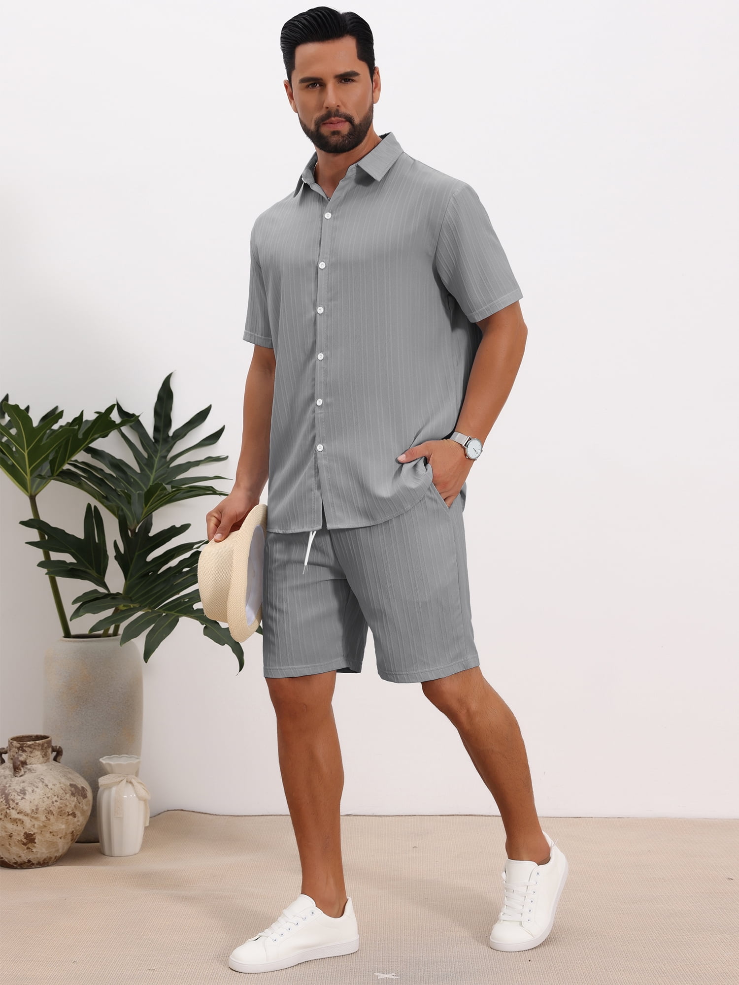 DARING DIVA Men's 2 Pieces Beach Shirt & Shorts Striped Textured Outfits 3XL Gray