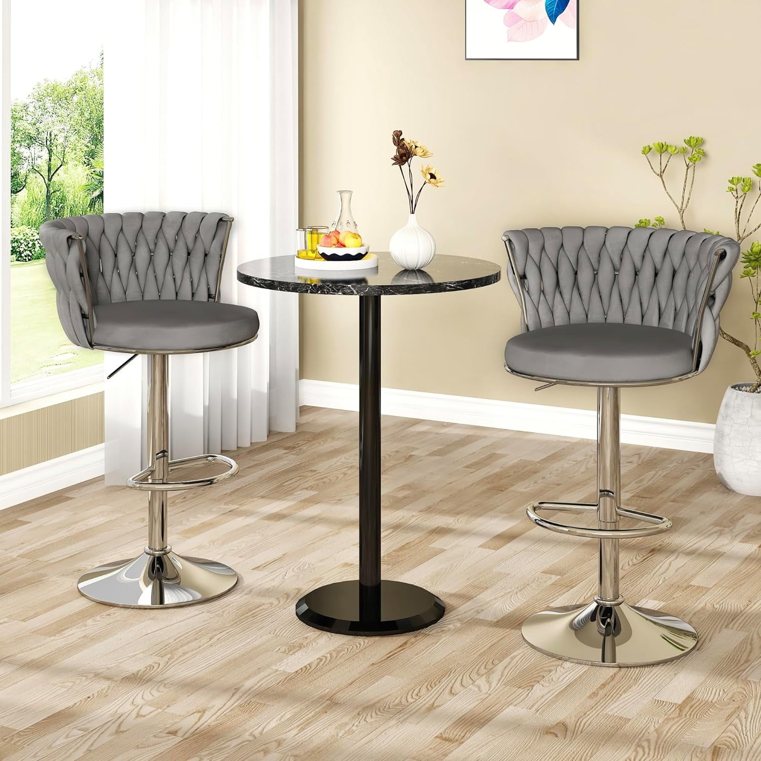 LinkRomat Velvet Bar Stools Set of 2,Swivel Counter Height Bar Stools with Backrest and Footrest,for Kitchen Island Dining Chairs,Gray