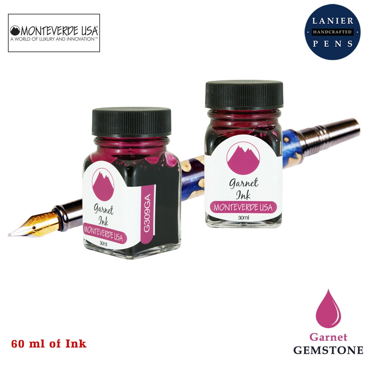 Monteverde 60ml Gemstone Fountain Pen Ink Bottle (30ml Garnet G309GA Ink Bottle - Pack of 2)