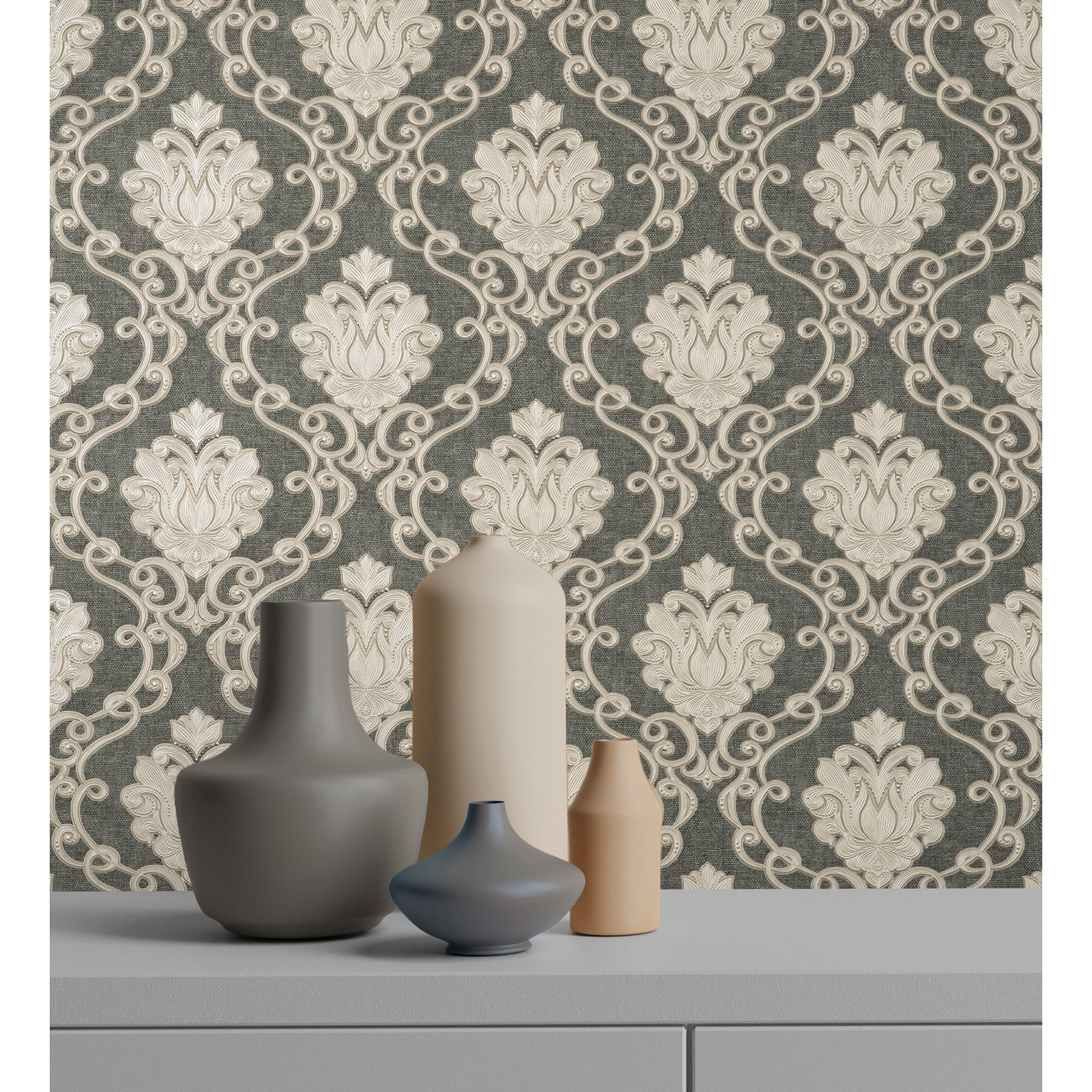 Fine Decor Florentine Charcoal Damask Wallpaper, 20.9-in by 33-ft