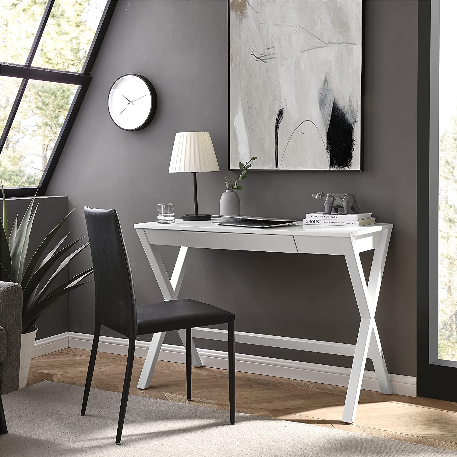 MUSEHOMEINC Wood 42 Inchs White/Black Desk with Drawer, Contemporary