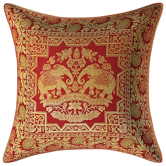 Stylo Culture Indian Couch Brocade Burgundy Maroon And Gold Throw Pillow Covers 16x16 Jacquard Weave Banarasi Decorative Pillow Cases Elephant Floral 40x40 cm Cushion Covers (1 Pc)