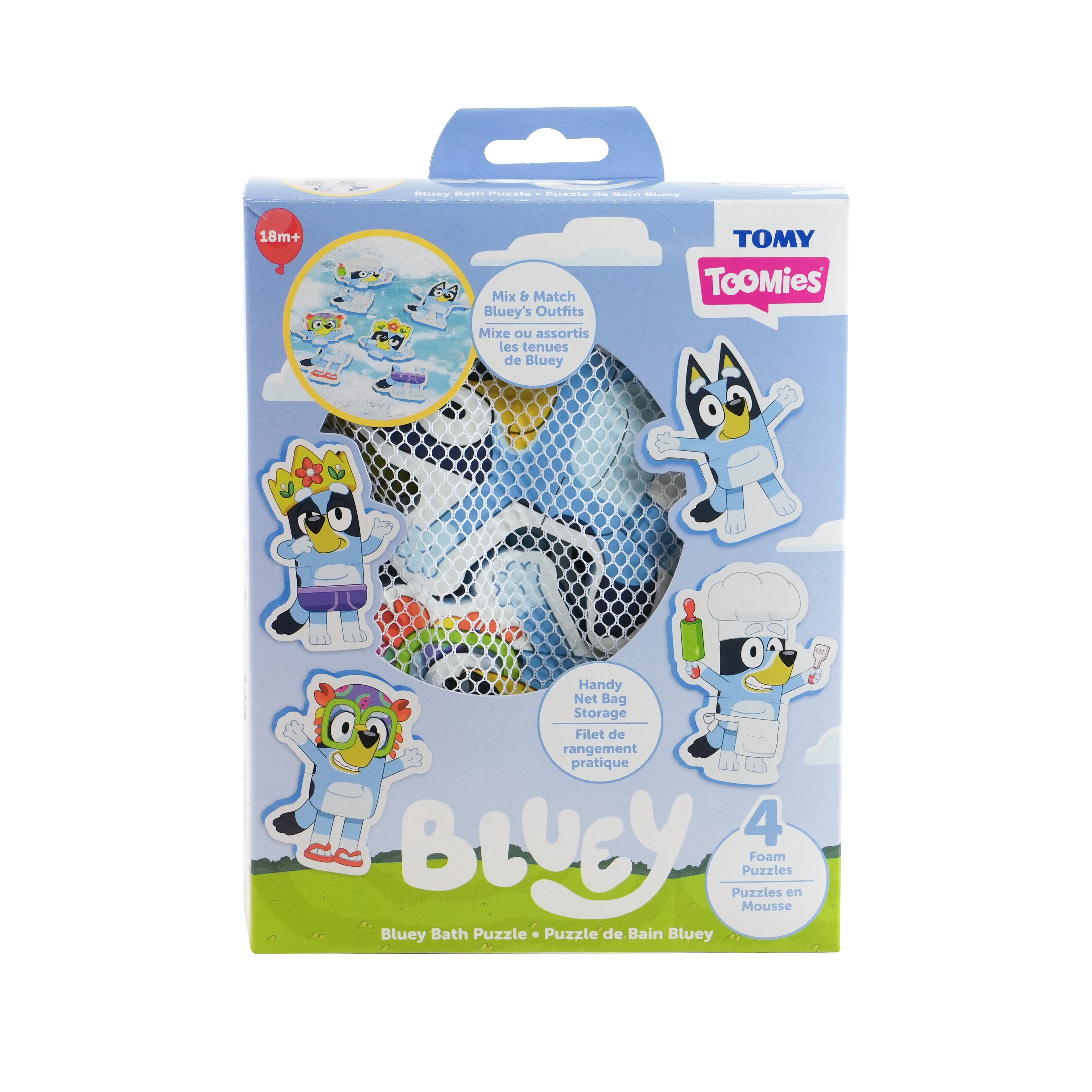 TOMY Toomies Bluey Bath Puzzle - Includes Mesh Bag Bath Toy Storage with Suction Cups - 8 Count - 18 Months and up
