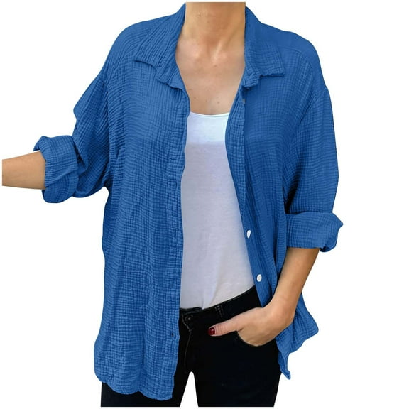 XFLWAM Long Sleeve Button Down Shirts for Women Collared Lightweight Textured Casual Shacket Tops Blue M