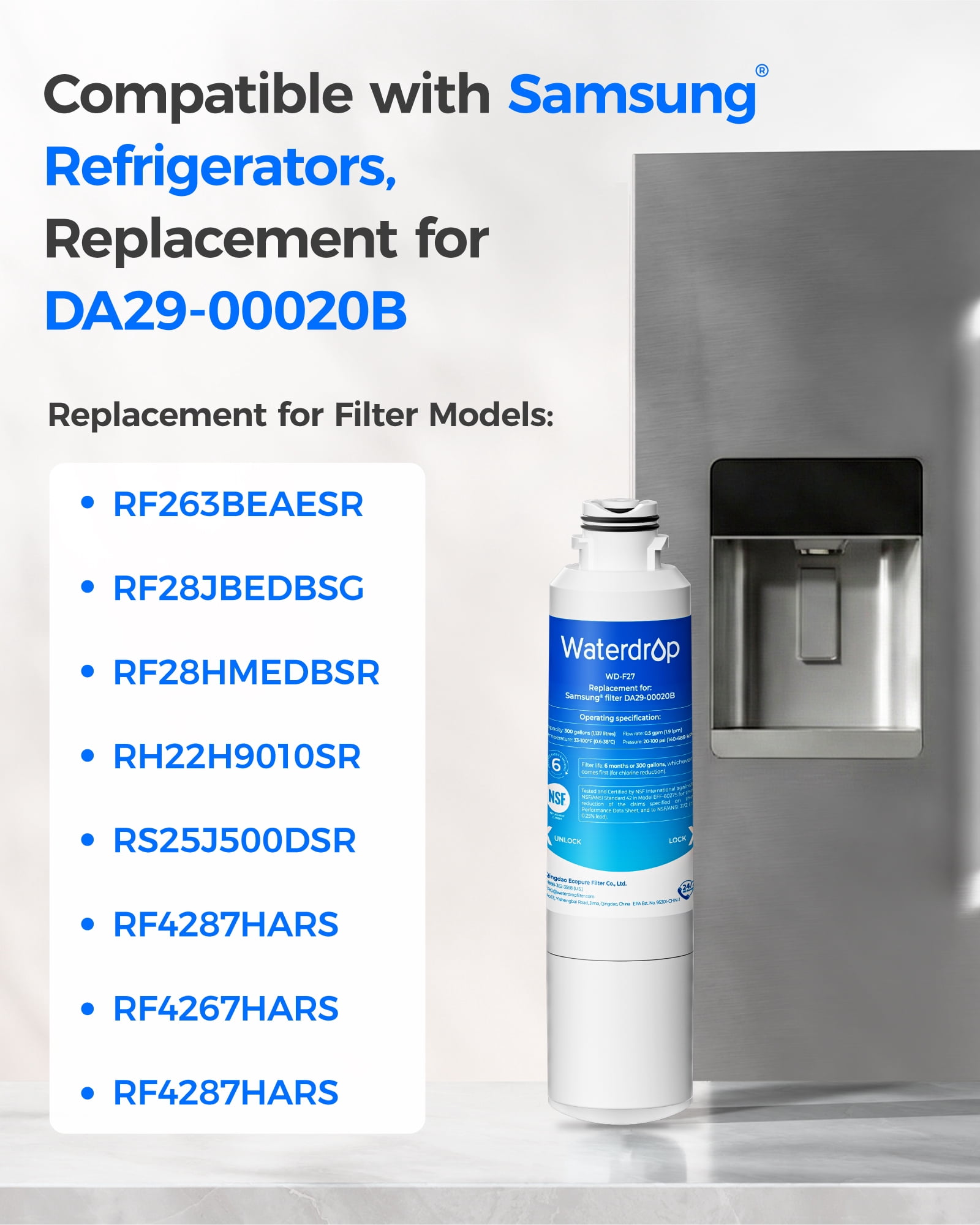 Waterdrop F27 Refrigerator Water Filter Replacement for Samsung®DA29-00020B HAF-CIN/EXP, HAF-CINRF28HMEDBSR, RF263BEAESR, RS25J500DSR, RF263TEAESG, HDX FMS-2, DA97-08006A-1,2 pack