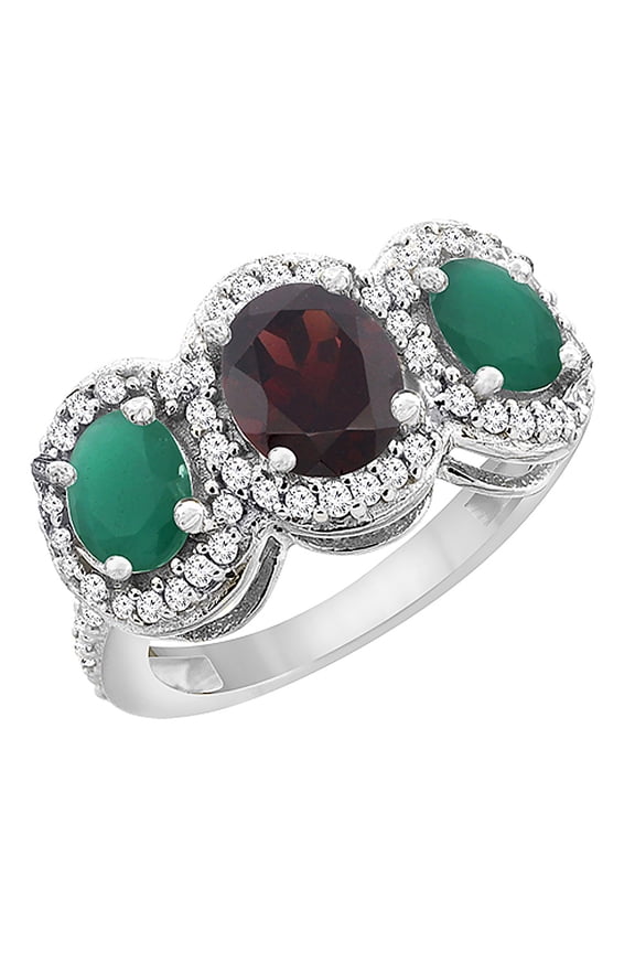 14K White Gold Natural Garnet & Cabochon Emerald 3-Stone Ring Oval Diamond Accent, size 5