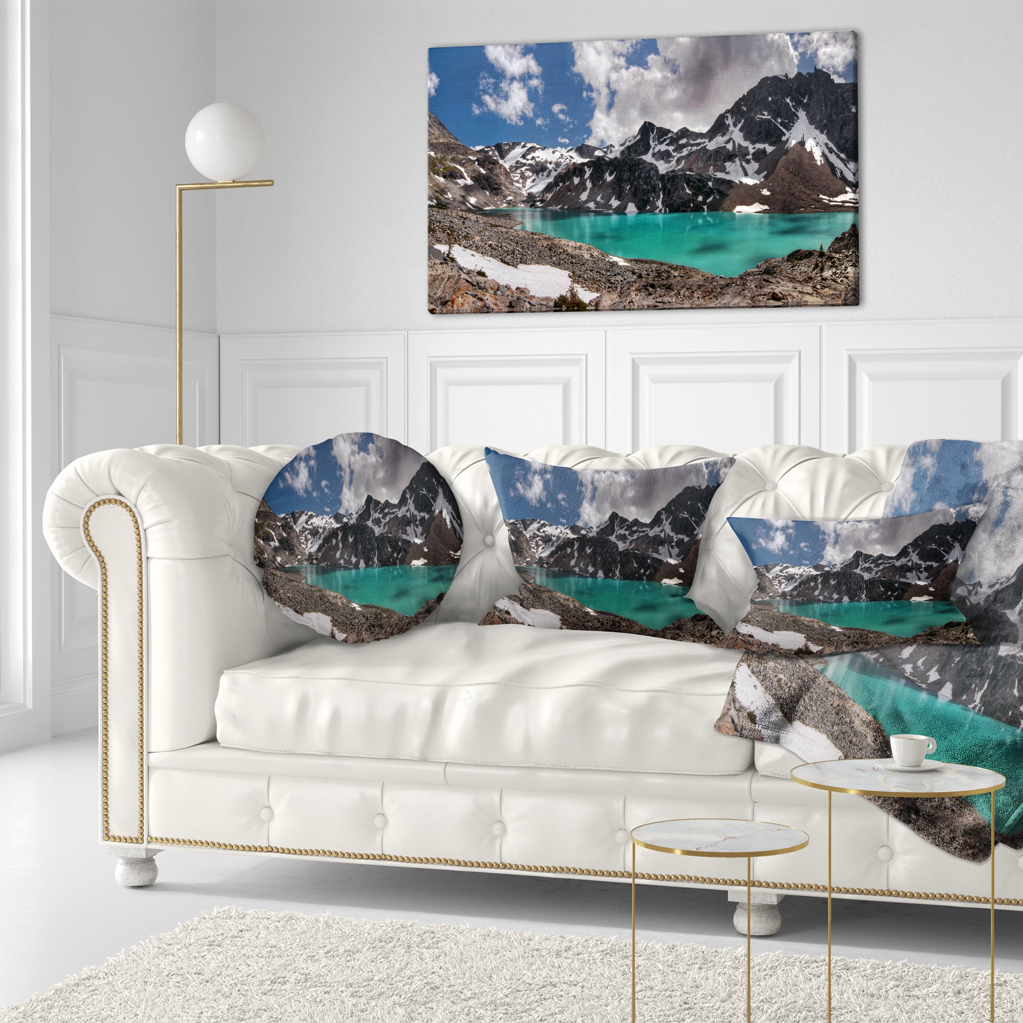 Designart Distant Mountains and Mountain Lake - Landscape Printed Throw Pillow - 12x20