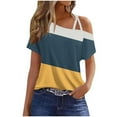 thumbnail image 2 of Craaazy Womens Criss-Cross One Shoulder Tops Solid Color Striped Gradient Color Tees Short Sleeve Cold Shoulder Solid Loose Fit Summer Blouses, 2 of 3