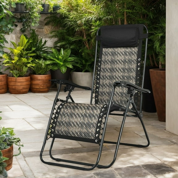 Resenkos Folding Rattan Zero Gravity Lounge Chair with Removable Head Pillow-Gray, Adjustable Zero Gravity Lounge Chair