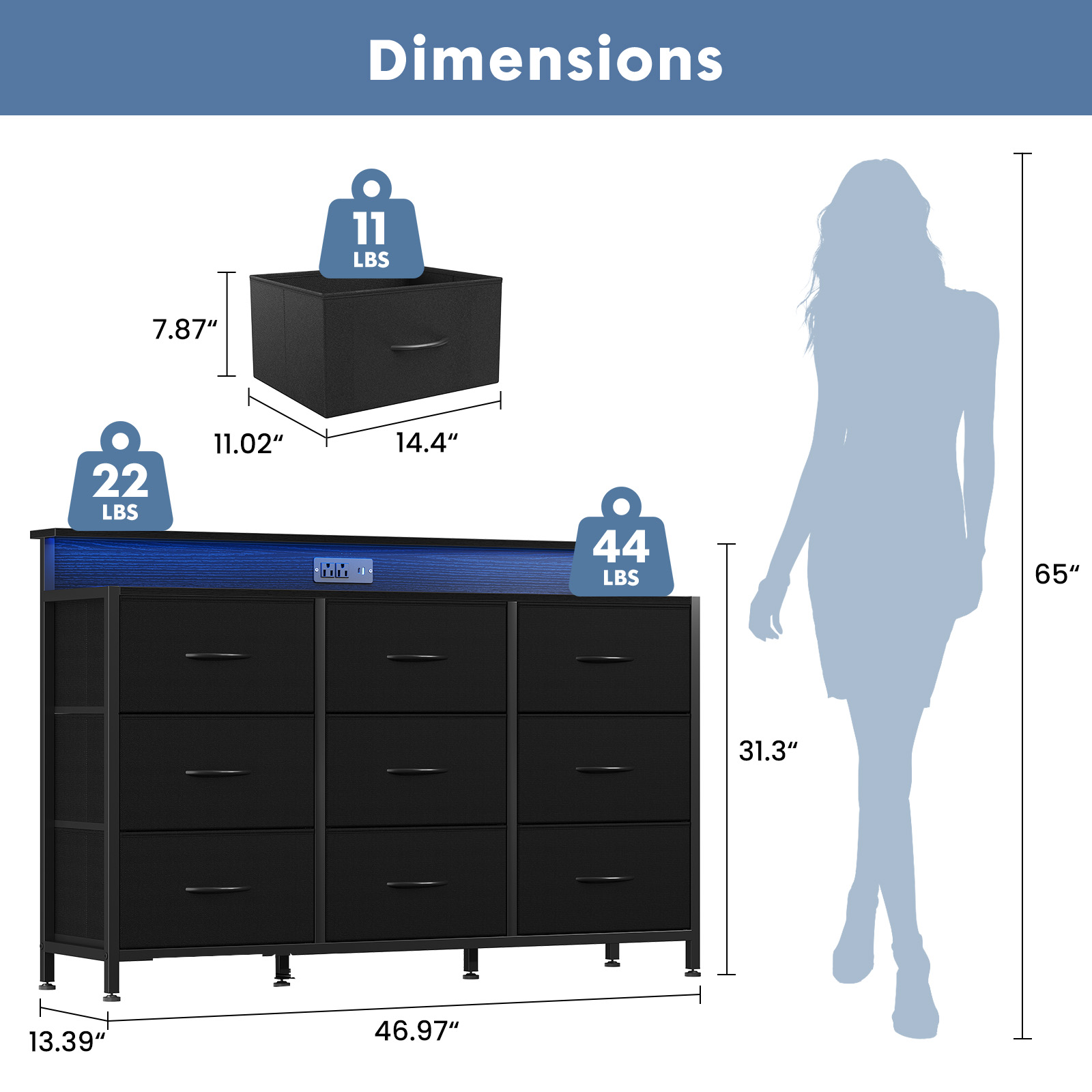 edx 9-Drawer Fabric Dresser TV Stand, Multifunctional Storage Cabinet with Power Outlets & LED Light, Black