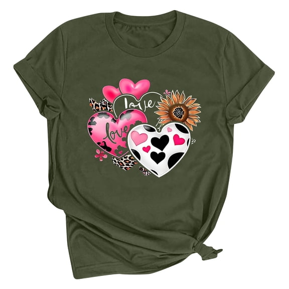 Tbopshirt Valentine's Day T-Shirts for Women Short Sleeve Graphic Tees, Printing Love Heart Round Neck Plus Size Womens Tops S-XXXL