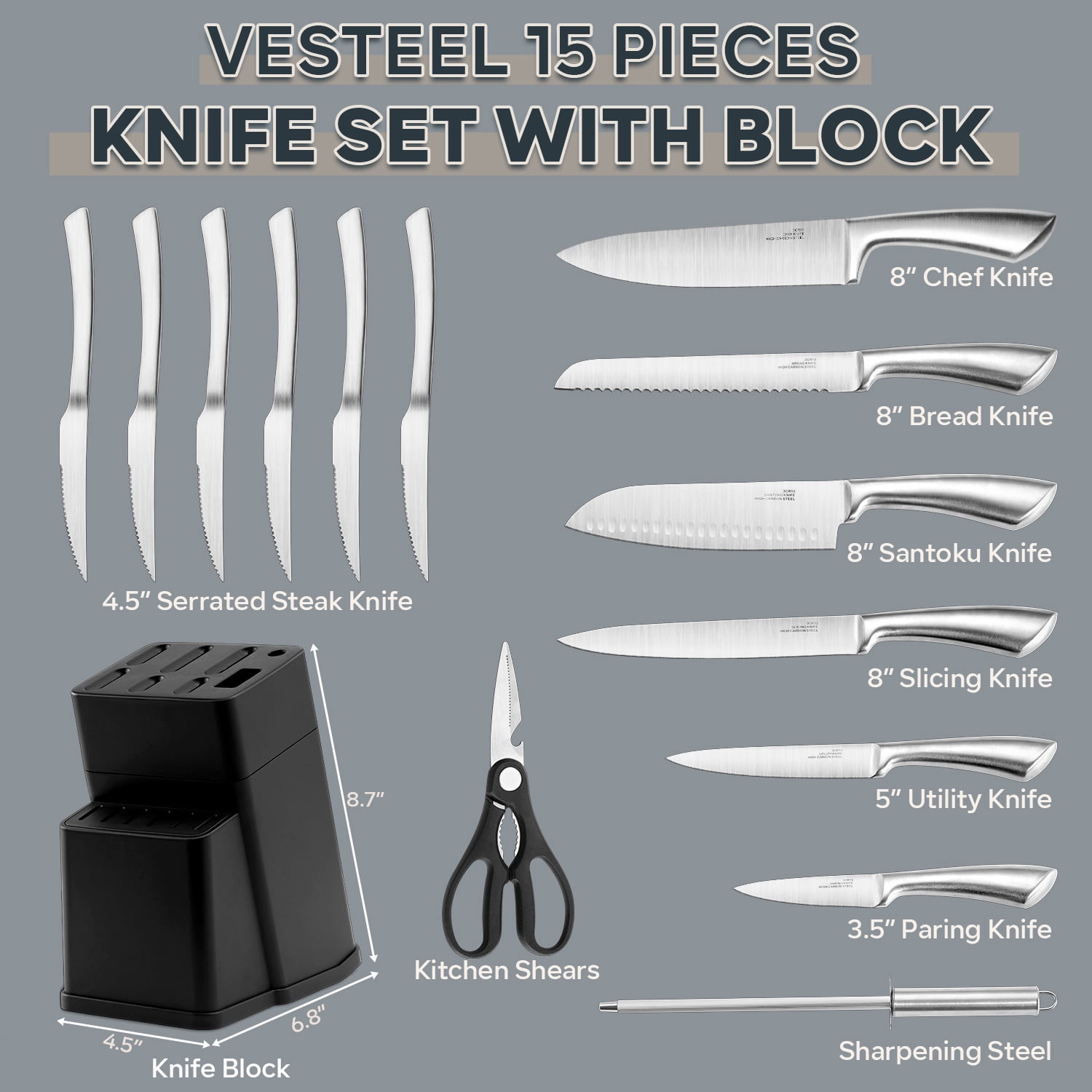 Vesteel Knife Set, 15 Pcs High Carbon Stainless Steel Knife Block Set Kitchen Knives with Sharpener Kitchen Shears, Ergonomic Handle & Sharp Blade