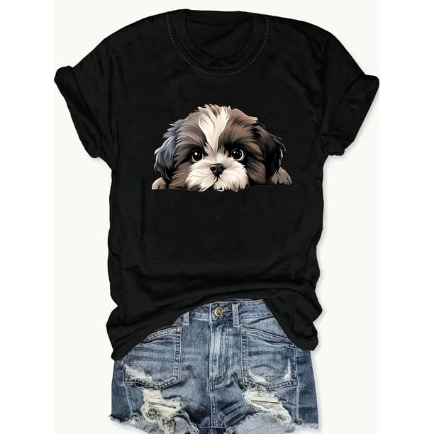 Unisex Casual Round Neck T-Shirt with Cute Shih Tzu Dog Peek-a-Boo Cartoon Print, Durable Cotton Knit Fabric, Regular Length, All-Season Fashion Top