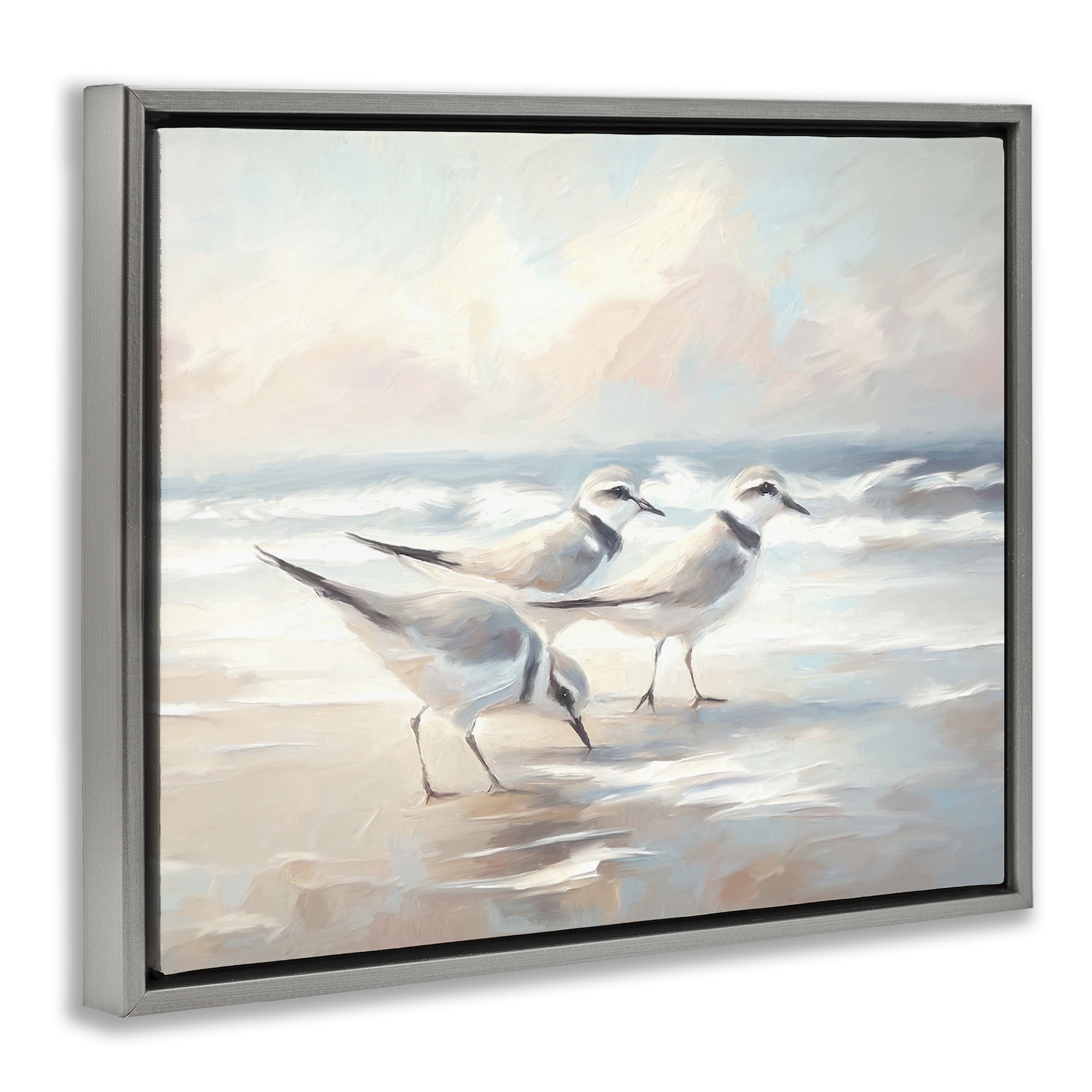 Stupell Industries Bay with Beach Birds Coastal Painting Gray Floater Framed Canvas Art Print Wall Art, 21 x 17