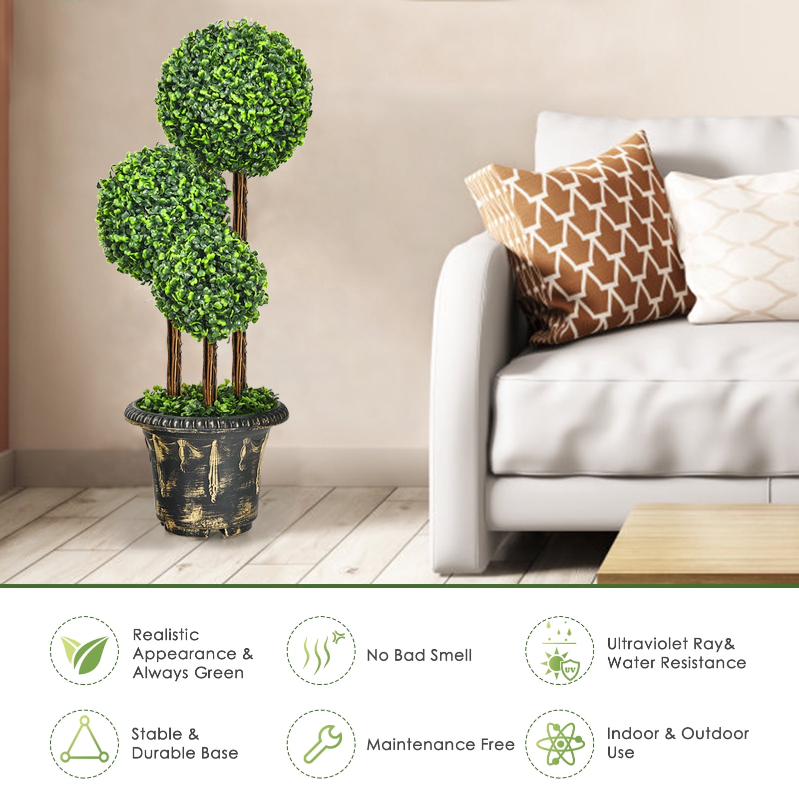 Topbuy 36” Artificial Topiary Three Ball Tree Decorative Trees Fake Greenery Plants Indoor&Outdoor