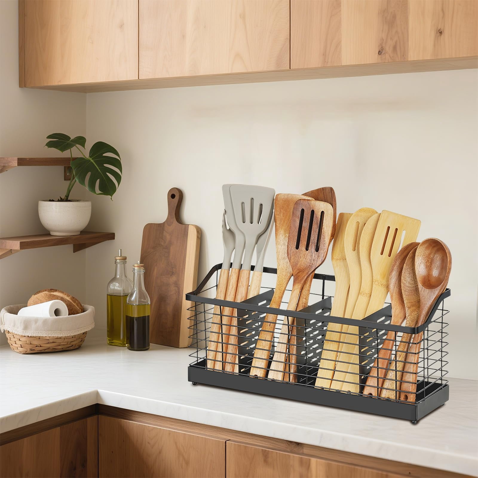 Samhe Utensil Holder for Kitchen Counter, Wall-Mounted Cooking Utensil Organizer with 4 Compartments for Spoons, Forks, Knives