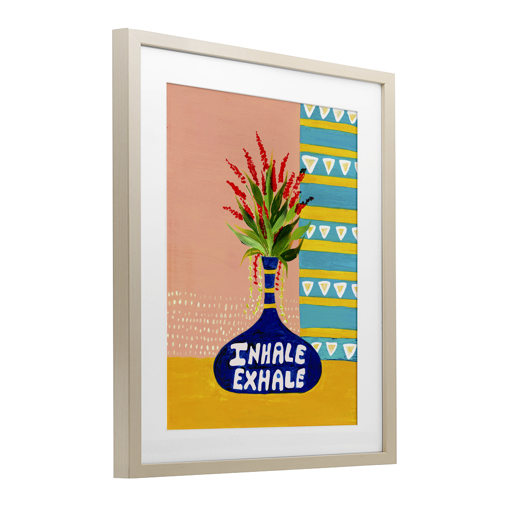 Inhale Exhale Flower Vase Birch Framed Print Under Glass, design by Nabeela Rumi
