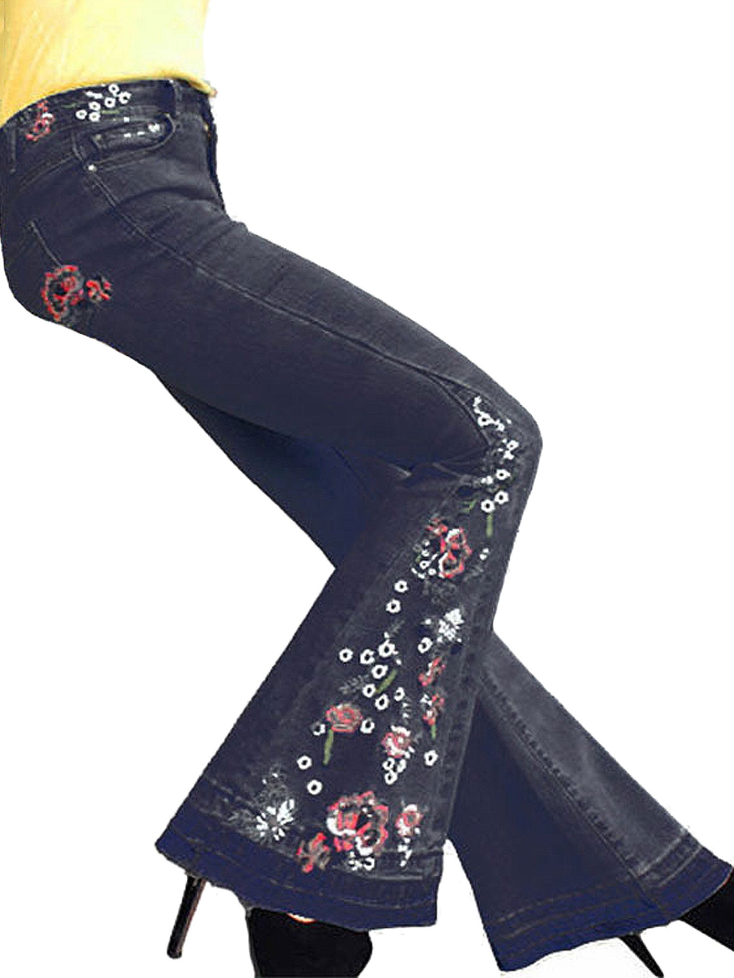 Womens Ladies Flower Rose Embroidery Skinny Fitted Trousers Pants Denim Jeans