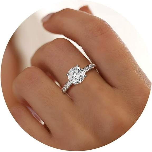 Round Cubic Zirconia Engagement Rings for Women - 18K White Gold Plated CZ Engagement Ring 8.5mm 4 Claw Wedding Rings for Women Girl Trendy Engagement Ring for Women Hidden Halo Promise Ring