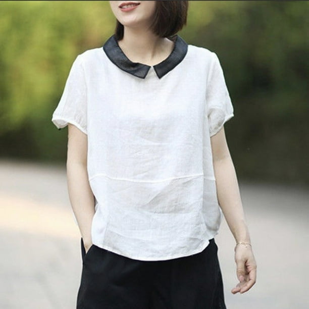Women Cotton Linen Shirt Summer Loose Short Sleeve Lapel Blouse