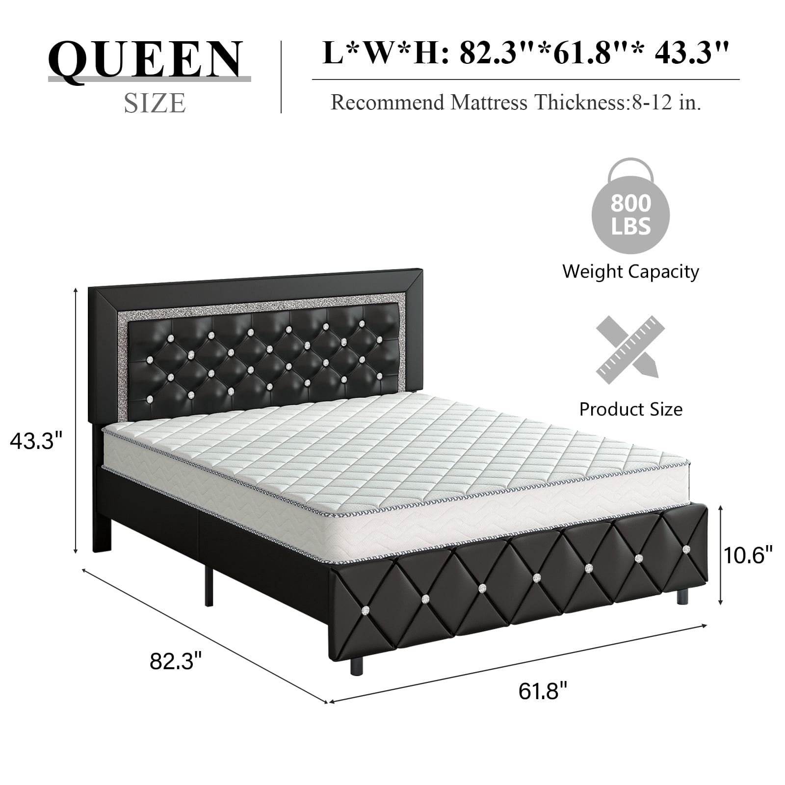 4 EVER WINNER Queen Bed Frame, Black Queen Size Bed Frame with Headboard and Footboard, Black