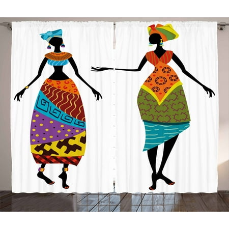 African Woman Curtains 2 Panels Set, Tribal Ladies in Traditional Costume Silhouettes Ethnicity Elegance Vintage, Window Drapes for Living Room Bedroom, 108W X 90L Inches, Multicolor, by Ambesonne