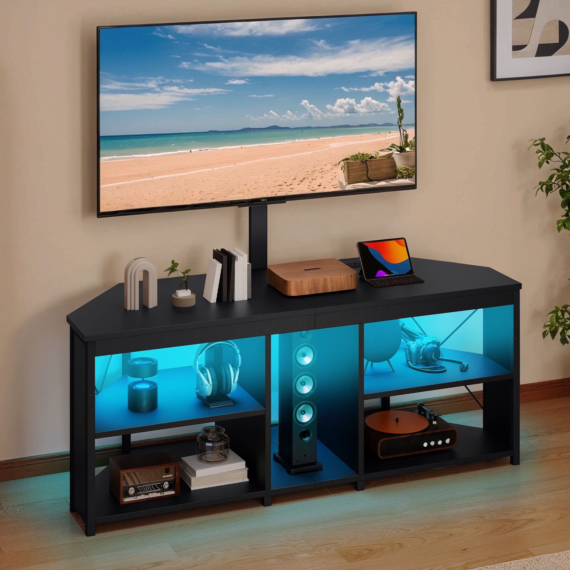 Dextrus TV Stand with Mount for 32-70" TV, LED Entertainment Center with Power Outlets for Living Room, Black