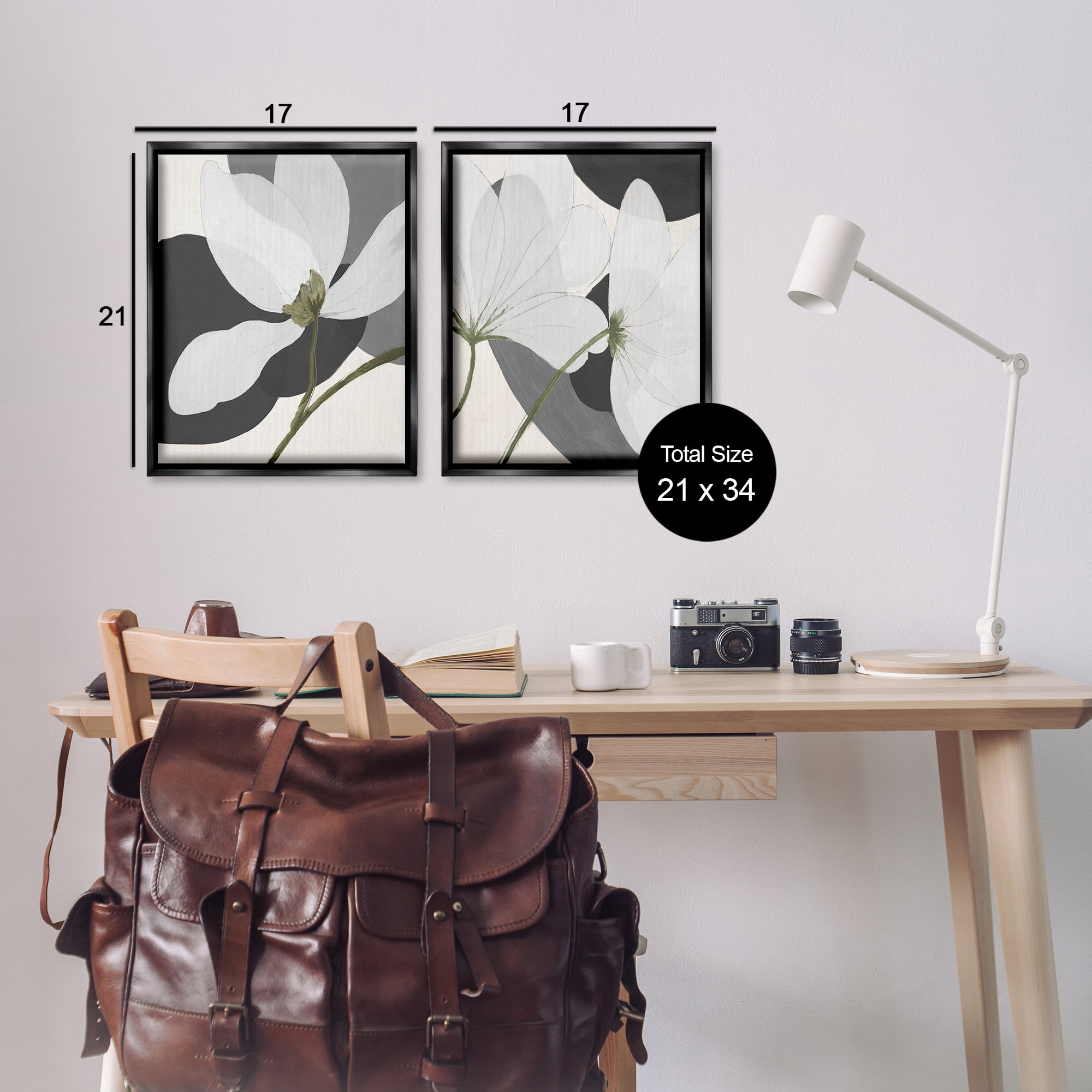 Stupell Industries Large White Petal Drawing Plants & Flowers Painting Black Floater Framed Canvas Art Print Wall Art, 17 x 21, Set of 2
