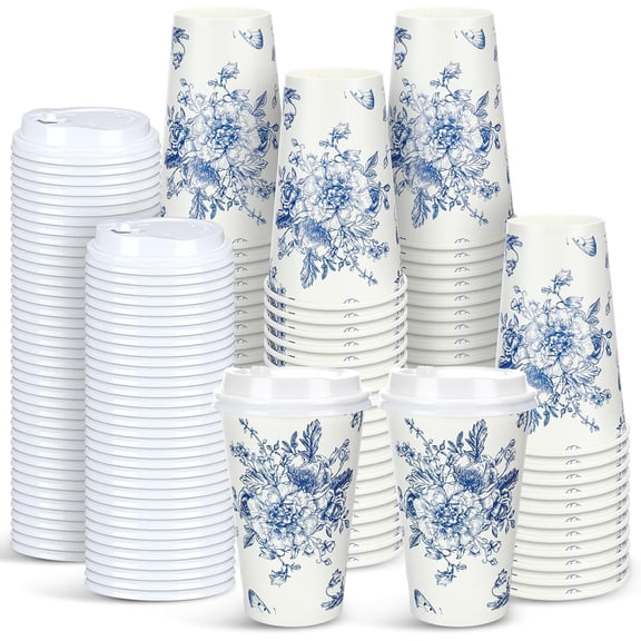 96 Pack Blue and White Flower Disposable Coffee Cups with Lids 16 oz Blue Floral Paper Cups Chinoiserie Floral Pattern for Office Home Tea Party