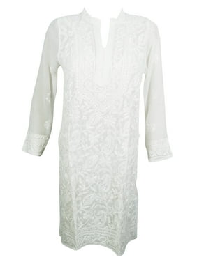 Mogul Women Tunic Dress White Embroidered Designer Georgette Cover Up Kurti S