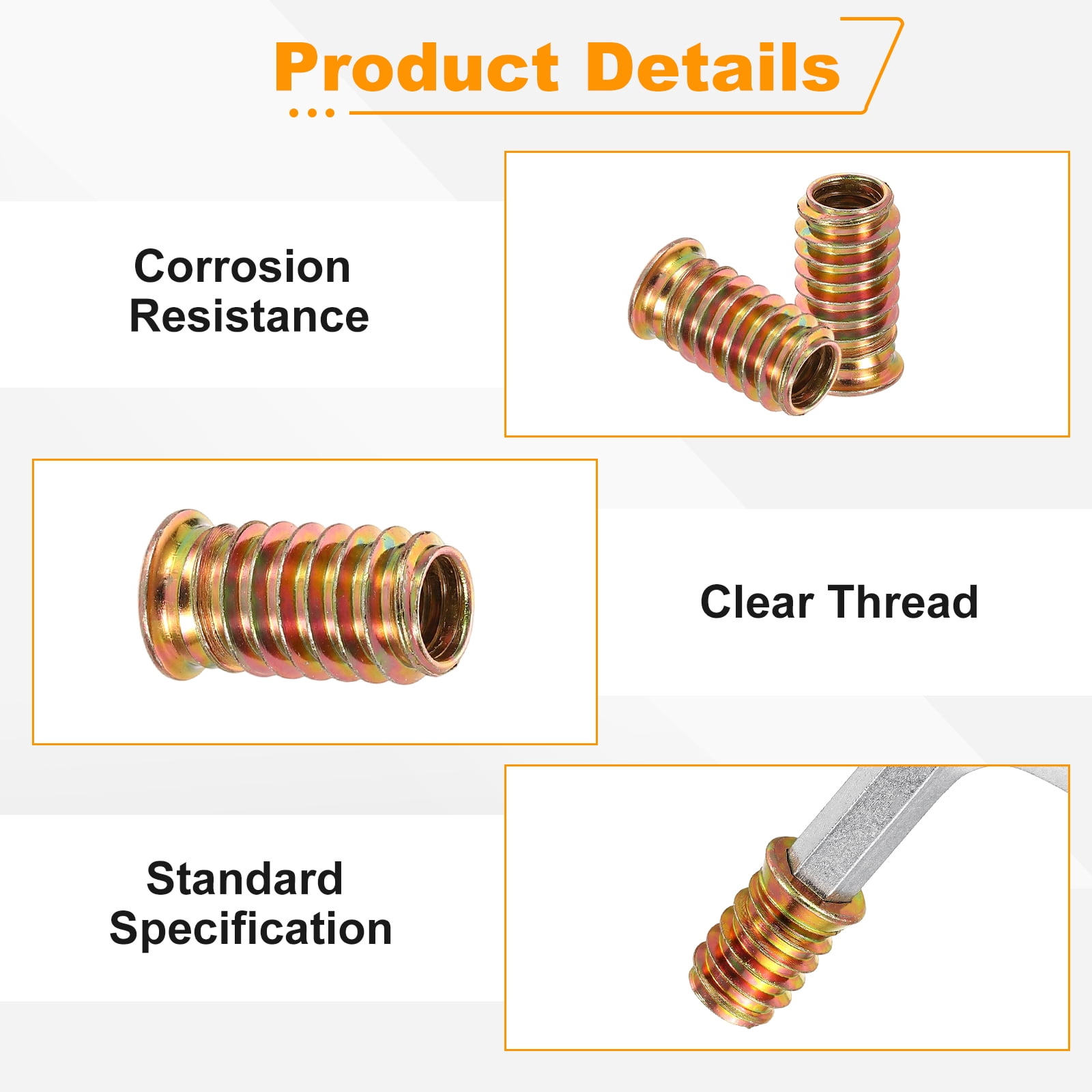 50 Pcs Threaded Insert for Wood, 5/16 - 18 Threaded Studs 25mm Length, Gold