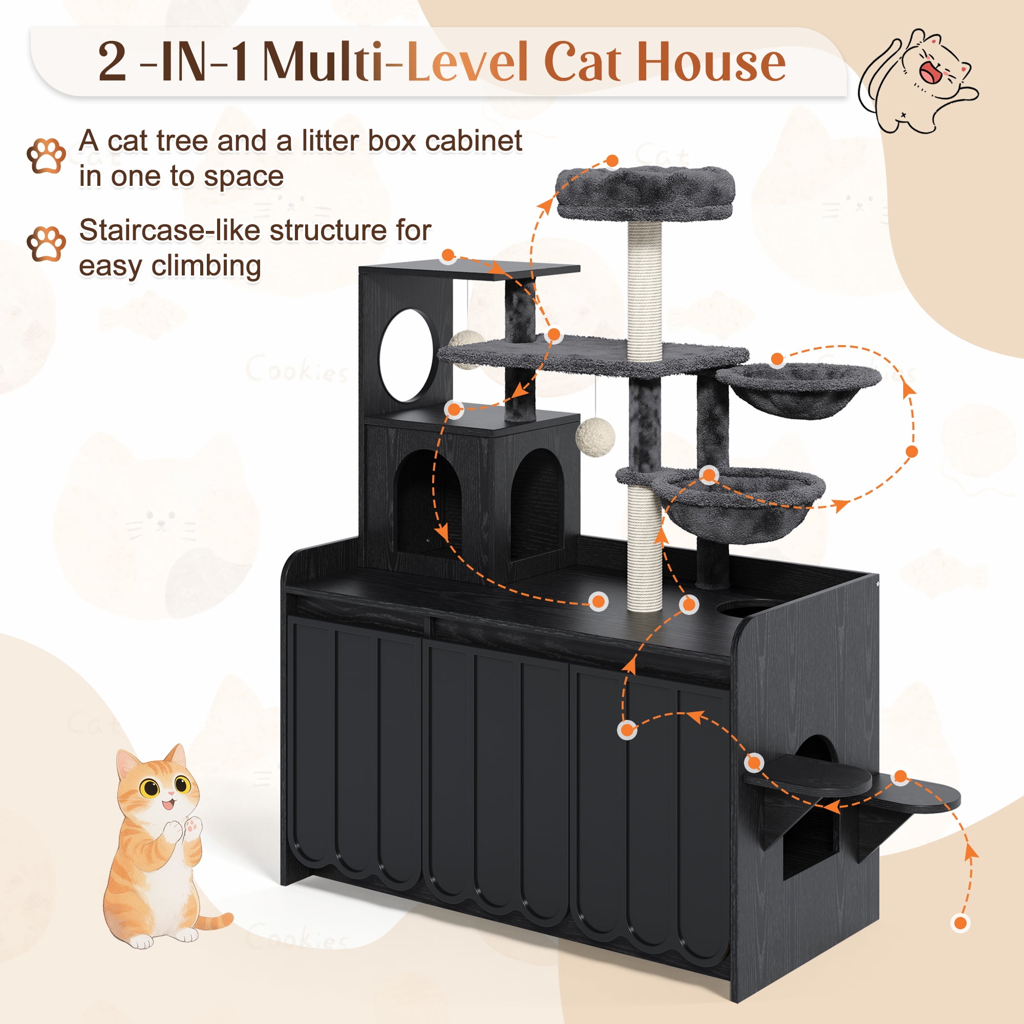 Euroco Cat Tree with Litter Box Enclosure, 59" Tall Modern Cat Tower with Sisal Scratching Post,Hammock,House,Perch & Storage Space,All-in-One Cat Condo,Hidden Cat Furniture,Black