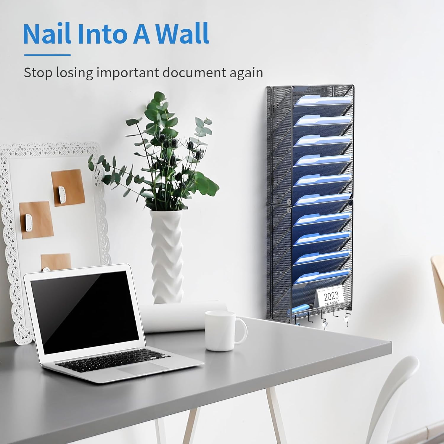2Pack 12 Tier Hanging Wall File Organizer with Hooks, Vertical Wall Mount File Folder Holder, Paper Document Mail Organizer for Office