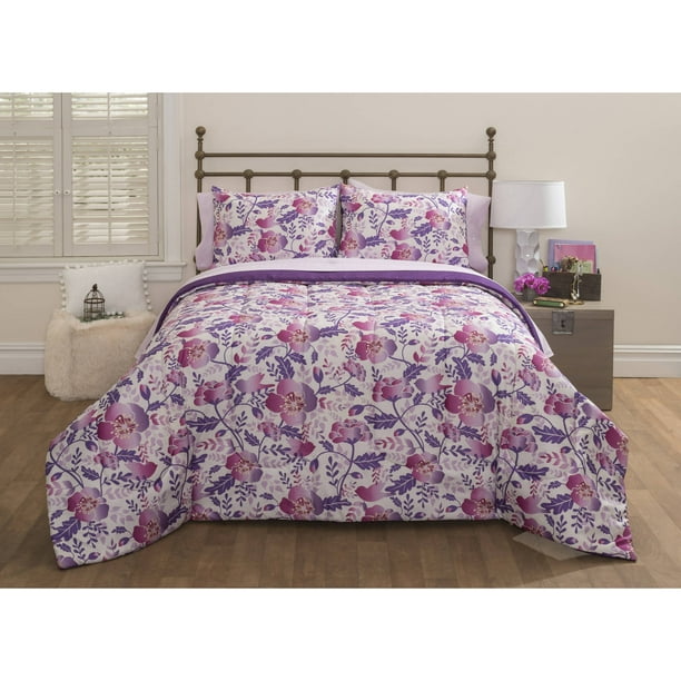 Latitude Purple Flowers Boutique Comforter Bedding Set W Reversible Comforter Walmart Com Walmart Com