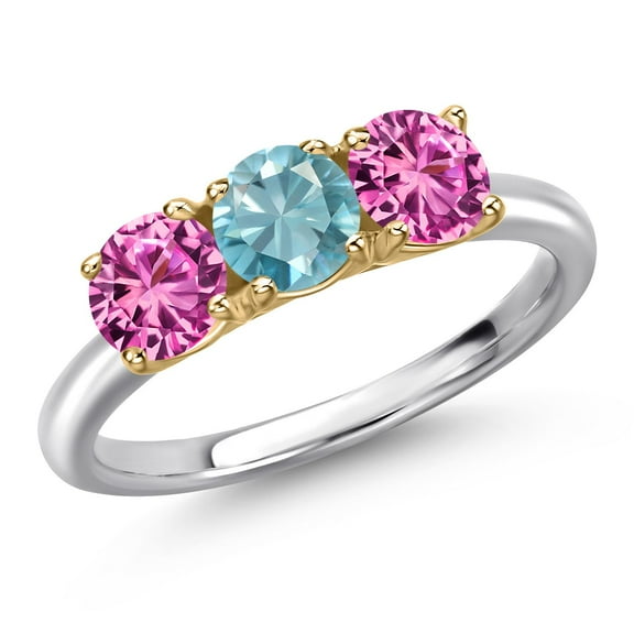 Gem Stone King 925 Silver and 10K Yellow Gold Blue Zircon and Pink Created Sapphire Engagement Ring for Women | 1.95 Cttw | Round 5MM | Gemstone Birthstone | Size 5