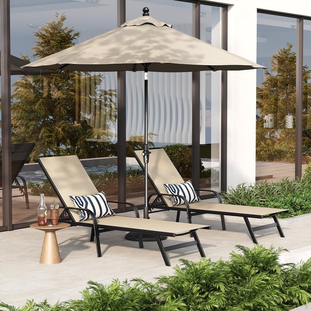 Chaises Longues d'Extérieur Ergonomiques Réglables, Ensemble de 2 – Chaise de Patio Inclinable à 5 Positions, Textilène Résistant aux Intempéries, Cadre en Fer Robuste – Chaise Longue Confortable pour Jardin, Bord de Piscine, Balcon – Beige