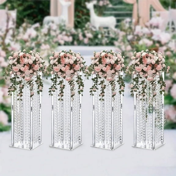 4Pcs Tall Acrylic Vase Wedding Centerpiece,Geometric Flower Vase Stand With Chandelier Crystals, 23.6in Column Arrangement Stand For Brithday Party Home Decor
