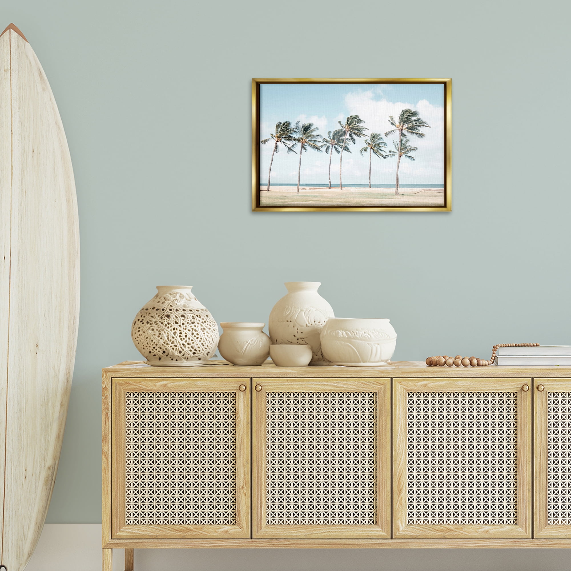 Stupell Industries Windswept Palm Trees Nautical & Beach Painting Gold Floater Framed Canvas Art Print Wall Art, 25 x 17