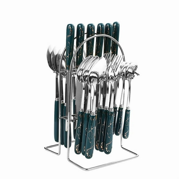 Zhuge 24Pcs Silverware Set, Stainless Steel Cutlery Set with Holder, Flatware Set for 7 Person Tableware Set - Silver,Dark Green A