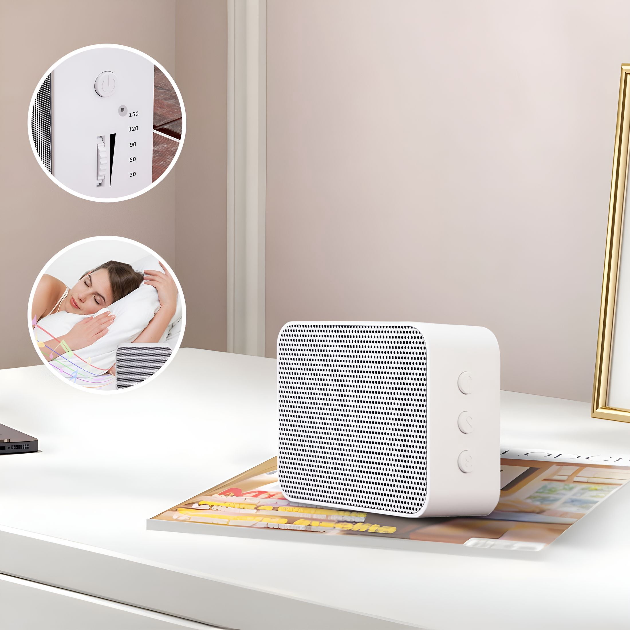 GJX Smart White Noise Machine,Stress Relief Sleep Aid for Adults,3-In-1 Sound Therapy with Music&Nature Sounds,Compact Portable Bedside Sleeper for Home,Office,And Travel White