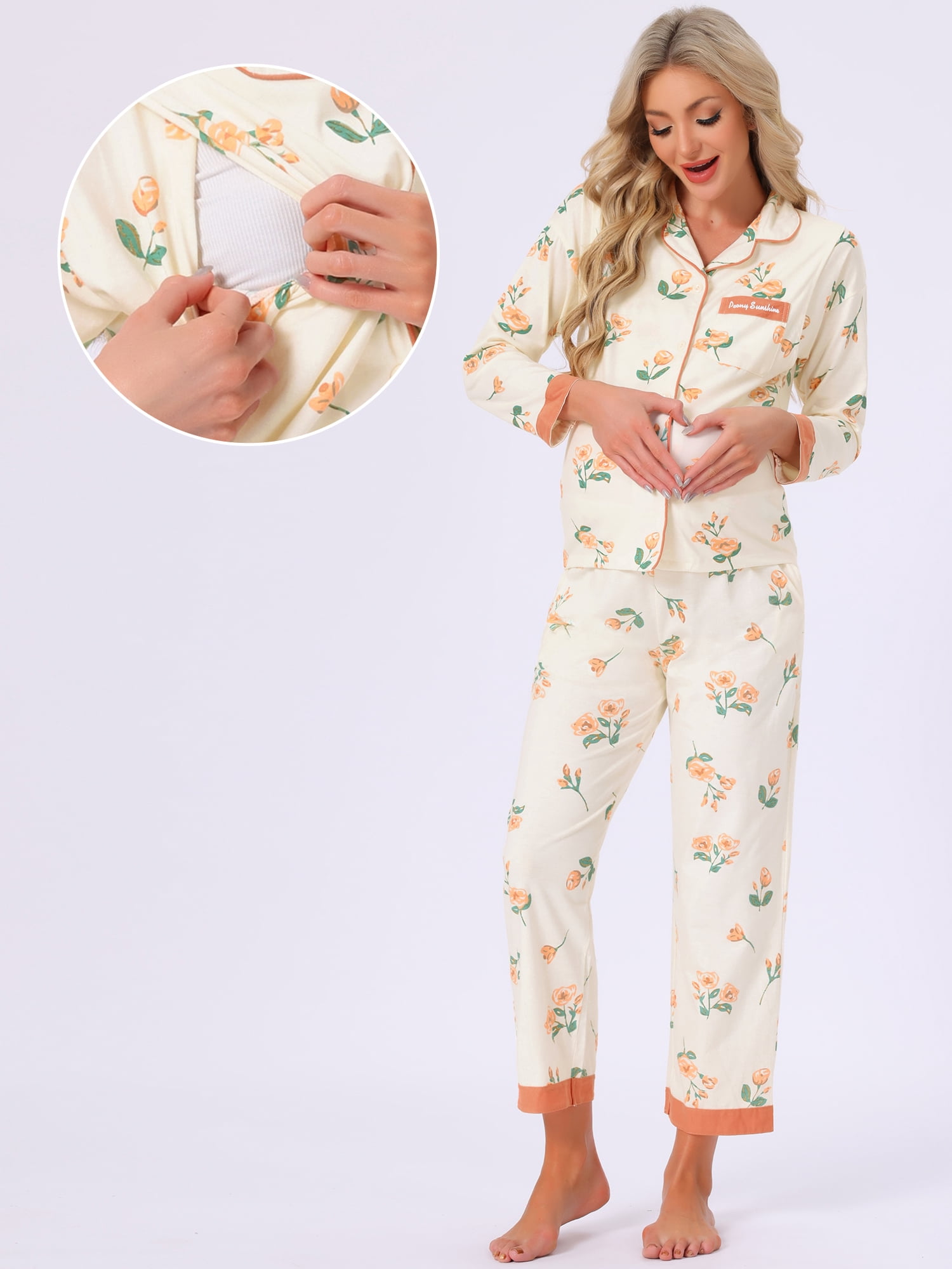 DARING DIVA Women's Nursing  Postpartum Button Down Long Sleeve Pajama Sets XL Yellow