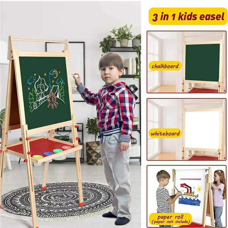 AILEEKISS 3 in 1 Kids Art Easel Double-Sided Magnetic Whiteboard Chalkboard  Paper Roller, Grey