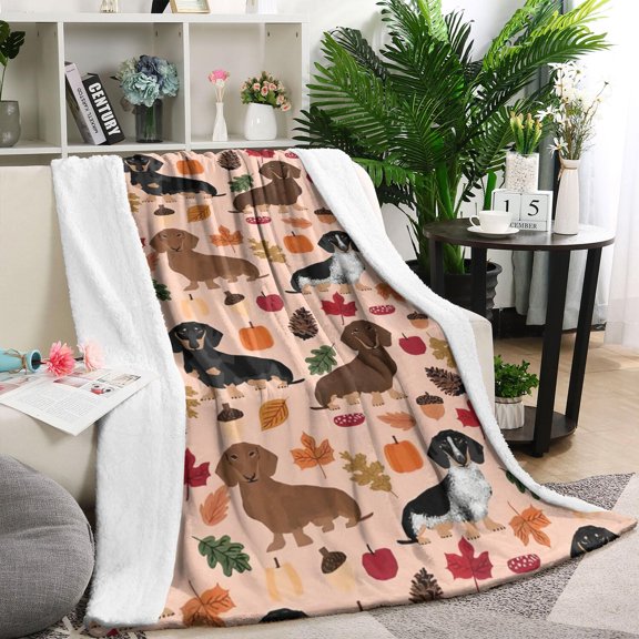 Fall Dachshund and Pumpkin Blanket,Comfortable Soft Flannel Throw Blanket,All Season,Warm Lightweight Blankets for Sofa Bed Couch Living Room Chair,40"x50"(100x130cm)