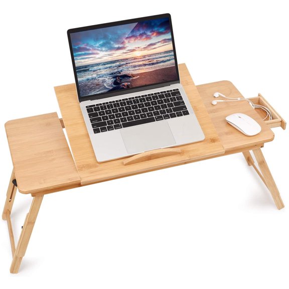Laptop Desk for Bed, Large Right-Left Handed Adjustable Bamboo Serving Bed Tray Breakfast Table Tilting Top with Drawer