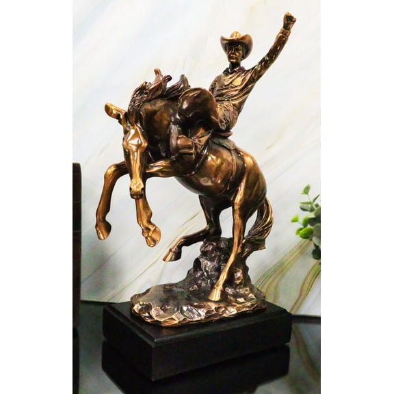 Western Desert Giddy Up Cowboy On Rearing Rodeo Horse Figurine With Base 12"H