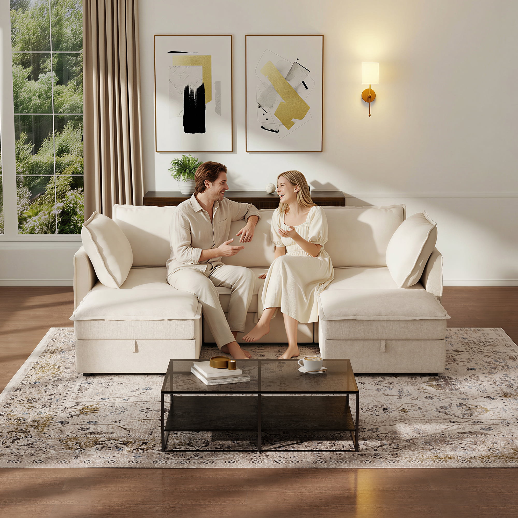 BedLuxury 97" Modular Sectional Sofa with Storage, U-Shaped Modern Sofa Couch with Movable Ottomans for Living Room, Office, Beige