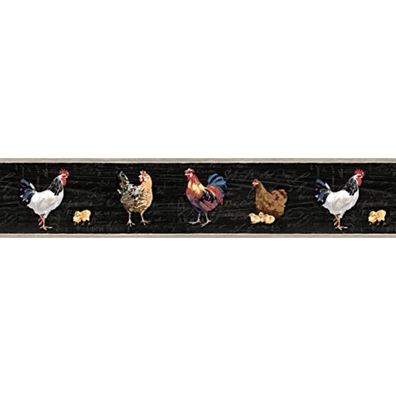 Chesapeake CTR63111B Bailey Black Rooster and Script Wallpaper Border