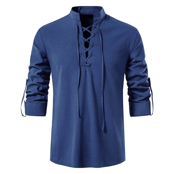 Men's Renaissance Shirt Pirate Medieval Viking V-Neck top Cotton Linen Long Sleeved Halloween Costume