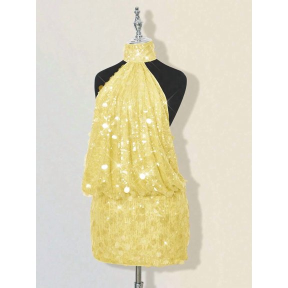 Light Yellow High Neck Backless Mini Bodycon Dress With Sequin Embellishment For Women Club Outfit